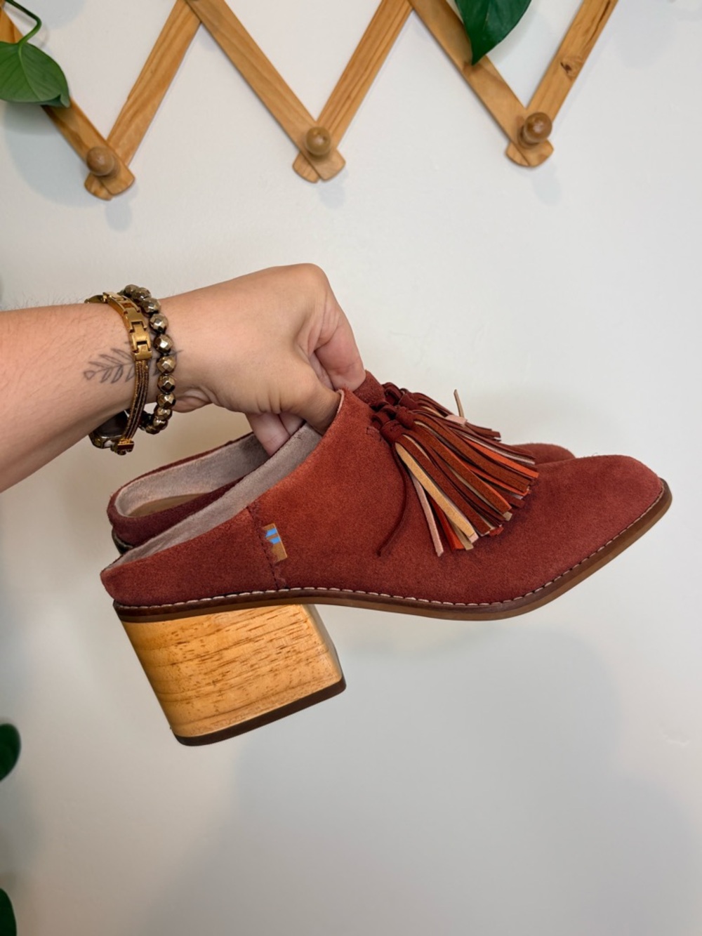 TOMS Tassle Leila Mule Block Heel in Muscat Suede Shoes